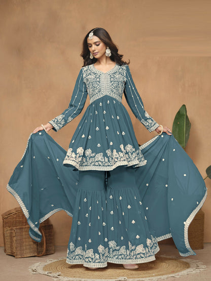 Anaita Teal Embroidered Faux Georgette Sharara Suit