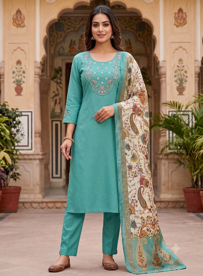 Teeya Creation Women Sky Green Embroidered Kurta Set With Dupatta