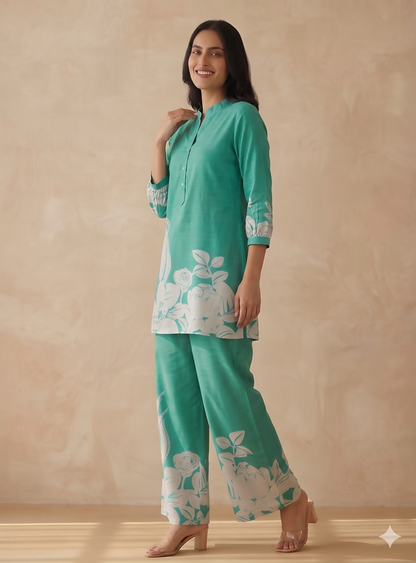 Teeya Creation Stylish Teal Casual Co-ord Set with Floral Print
