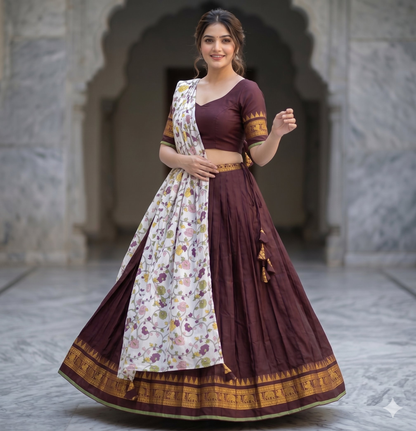 Teeya Creation Womens New Trendy Brown Traditional Pleated Lehenga Choli Set with Floral Printed Dupatta and Contrast Zari Border Set
