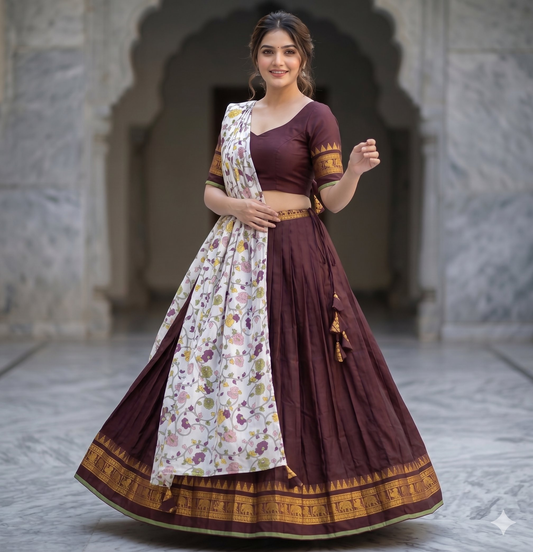 Teeya Creation Womens New Trendy Brown Traditional Pleated Lehenga Choli Set with Floral Printed Dupatta and Contrast Zari Border Set