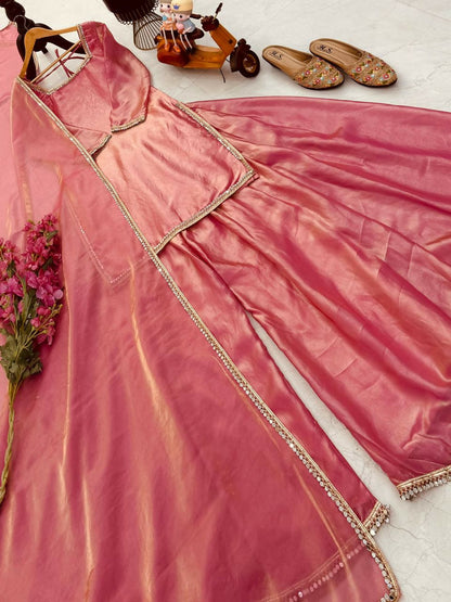 Teeya Creation Womens New Trending Less and Mirror Work Kurta Palazzo Set - Peach