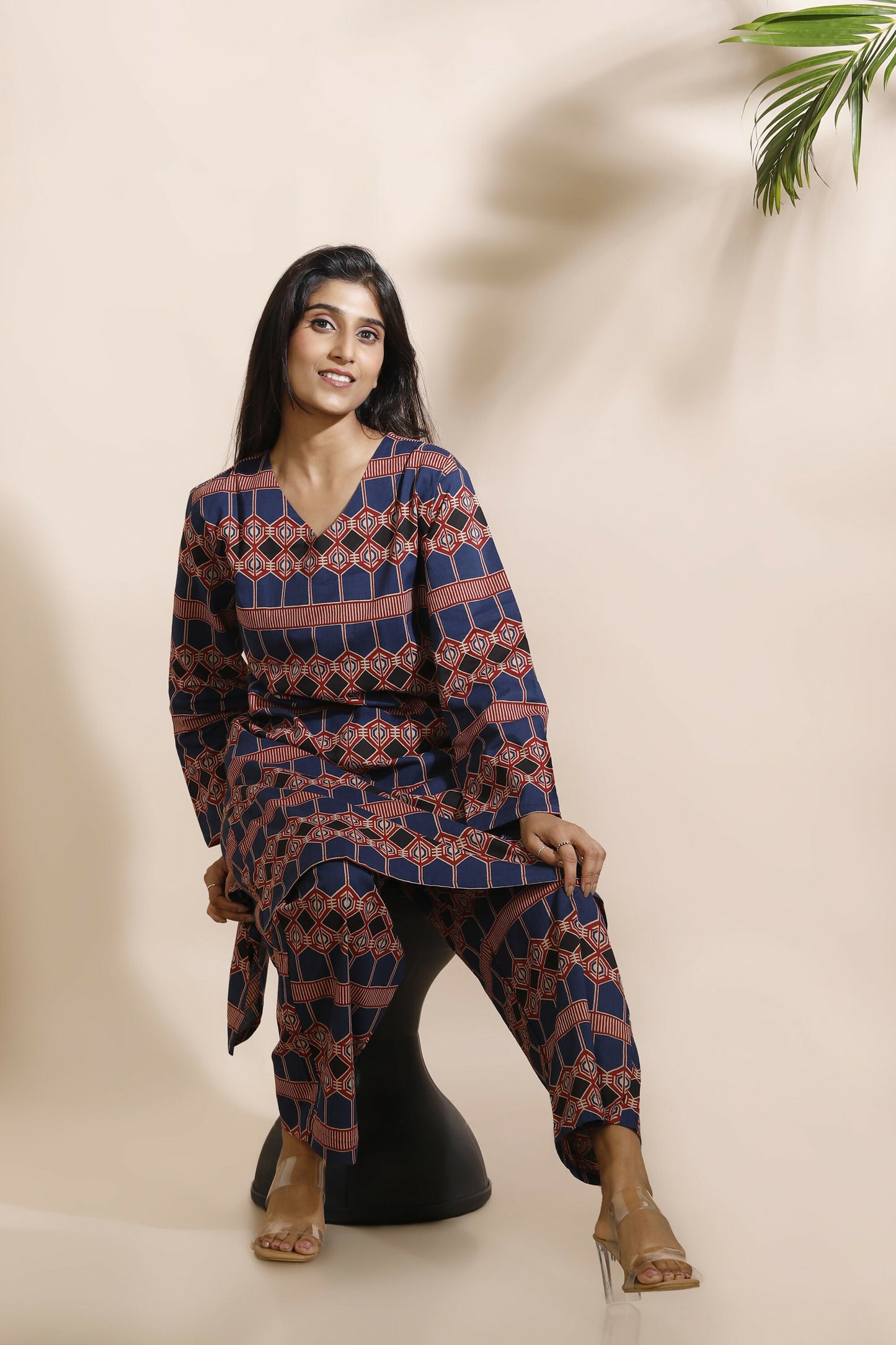 Breathables Women'S Blue Cotton Abstract Print Loungewear Co-Ord Set  Long Kurta & Pants