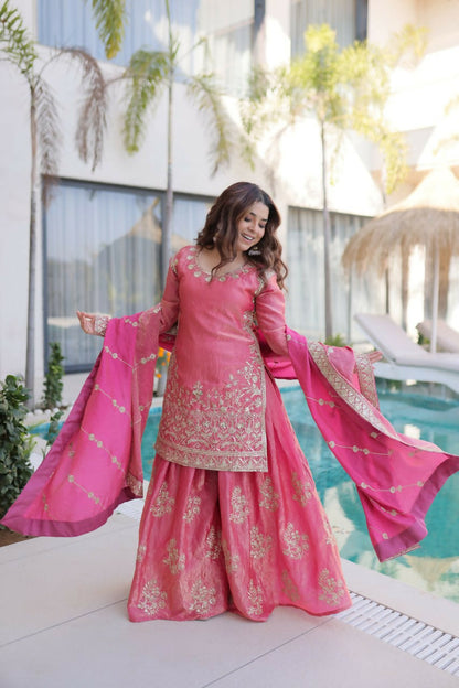 Teeya Creation Womens New Pink Color Fendi Crush With Zari & Sequins Embroidered Work