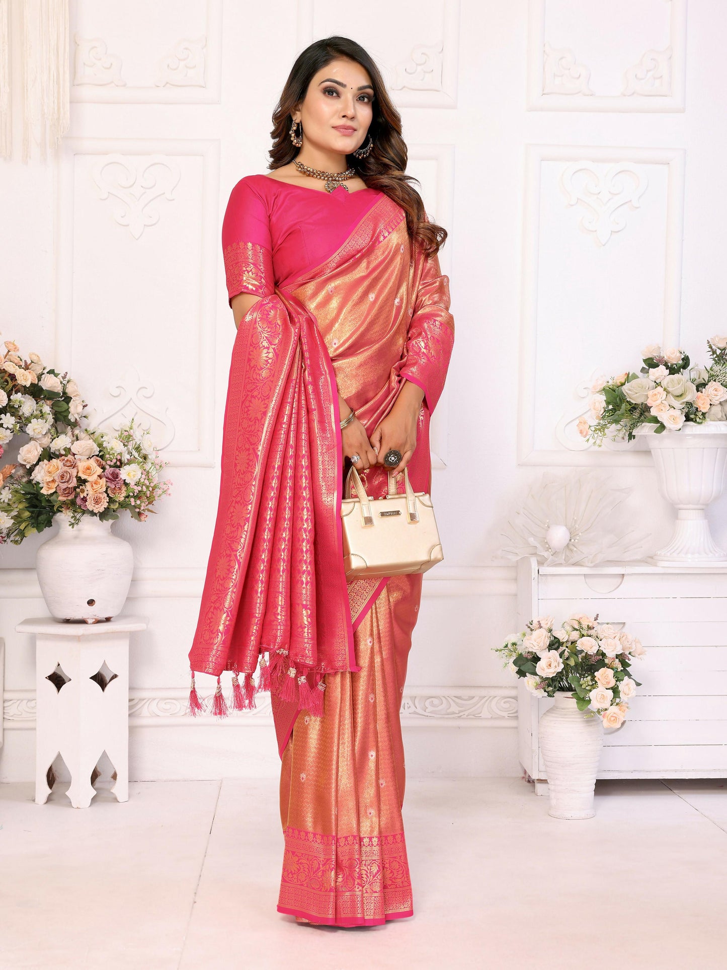 Aastha Fashion Pink Tissue Silk Weaving Saree