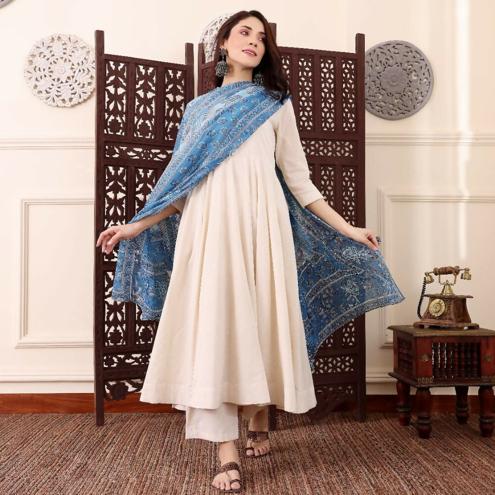 The52 Women's Beautiful Solid Chanderi Silk Fabric Flared Anarkali Pant and Dupatta Set