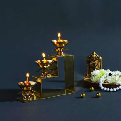 CraftVatika Brass Lotus Diya Oil Puja Lamp Piller Stand 3 Step Diya