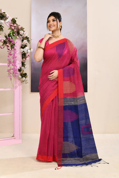 Piyari Fashion Women's Pink Temple Border Embellished Cotton Blend Jamdani Saree