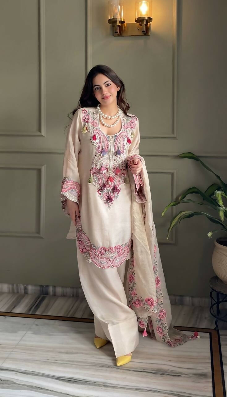 Teeya Creation Off-White Silk Pakistani Suit With Pink Embroidery And Dupatta Set