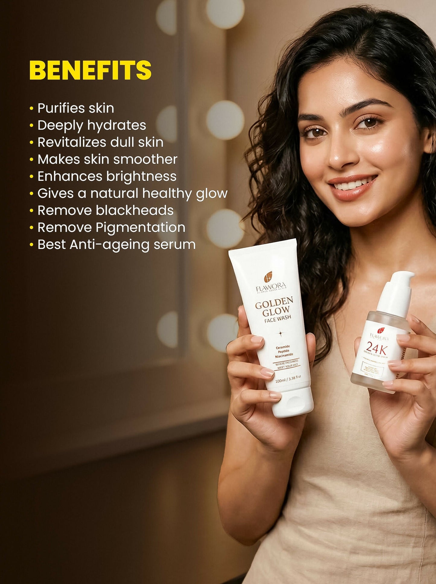 Flawora Set of Golden Glow Face Wash and 24k Golden Glow Face Serum
