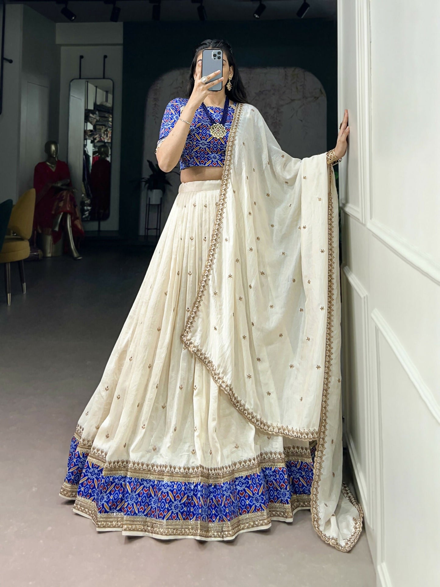 Lorenvalley Fashion White Vichitra Silk Sequins and Thread Embroidery Work Lehenga Choli with Dupatta