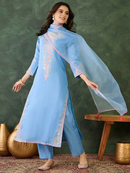 The52 Women's Gorgeous Embroidery Work Viscose Silk Fabric Straight Kurta Pant and Dupatta Set