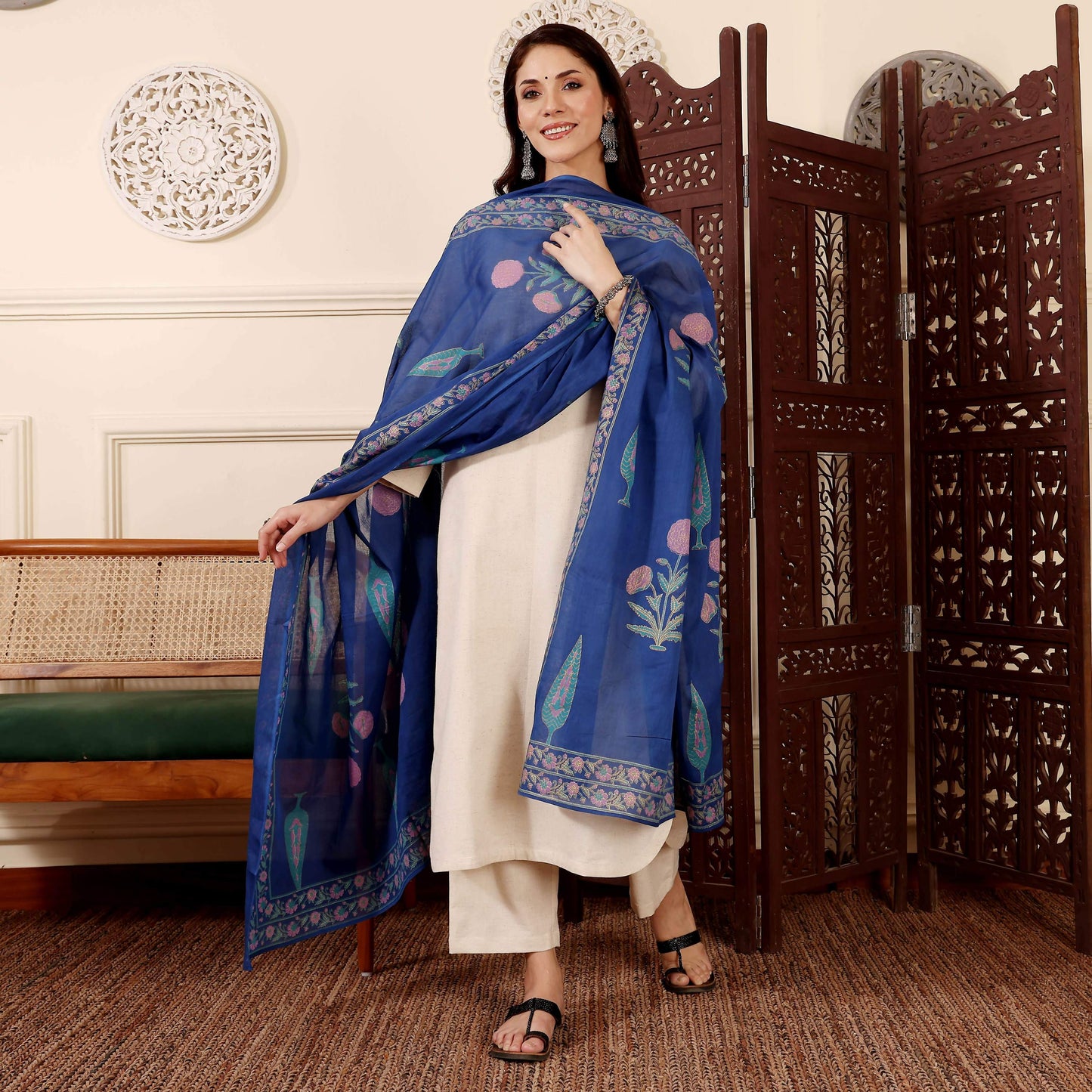 The52 Women's Gorgeous Solid Chanderi Silk Fabric Straight Kurta Pant and Dupatta Set