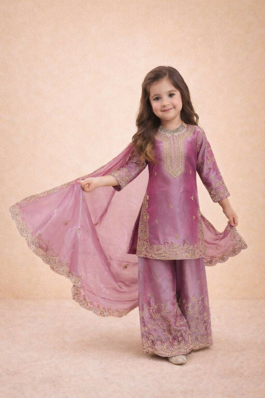 Teeya Creation New Kids Wedding Wear Heavy Embroidery Sequence Work Kurta Sharara Set-Pink