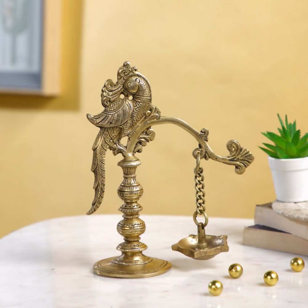 CraftVatika Brass Traditional Peacock Diya Oil Lamp Hanging Showpiece
