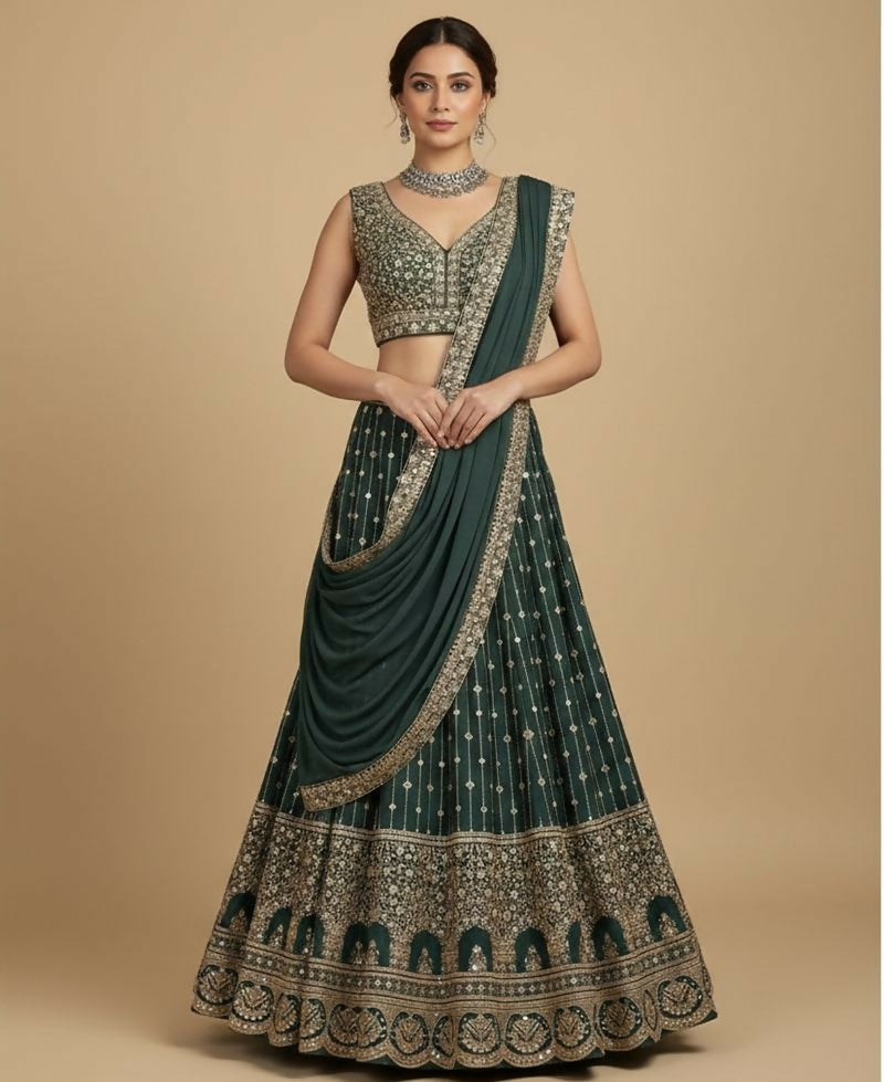 Lehenga Mart Greenish Star Faux Georgette Designer Bollywood Style Wedding Wear Lehenga Choli