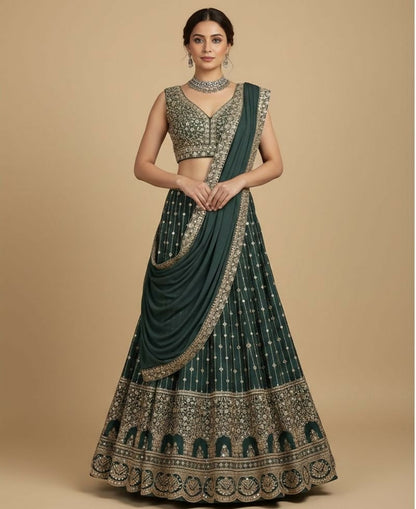 Lehenga Mart Greenish Star Faux Georgette Designer Bollywood Style Wedding Wear Lehenga Choli
