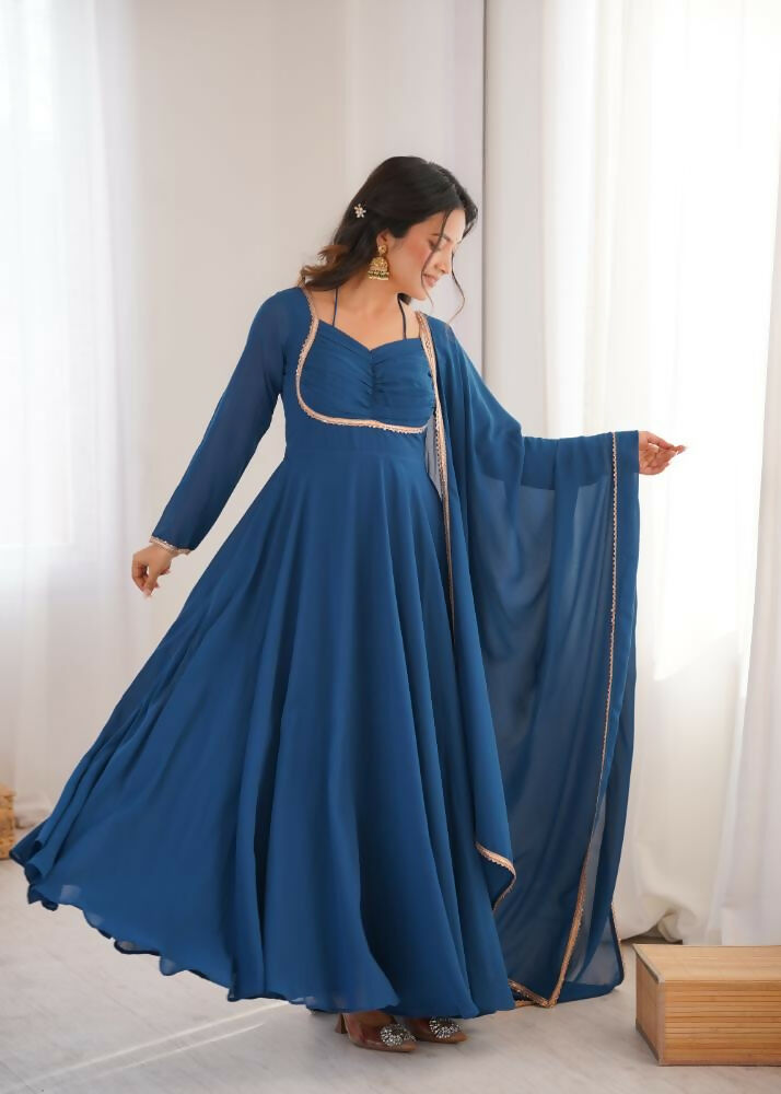 The52 Women's Gorgeous Solid Fox Blooming Georgette Fabric Flared Anarkali and Dupatta Set-Teal Blue