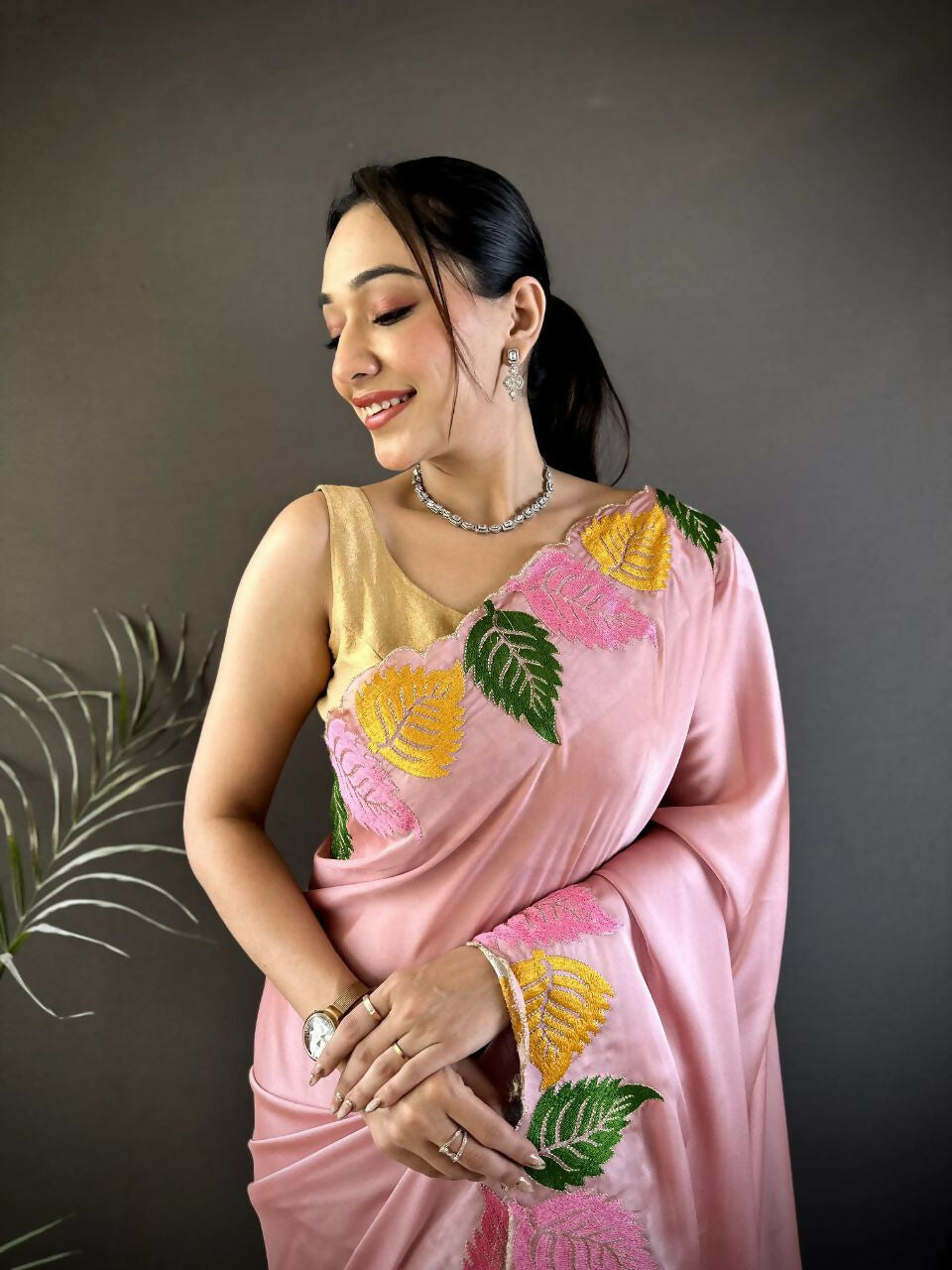 Prime Volt Multicolor Leaf Embroidery Rangoli Silk Saree with Scalloped Border-Pink