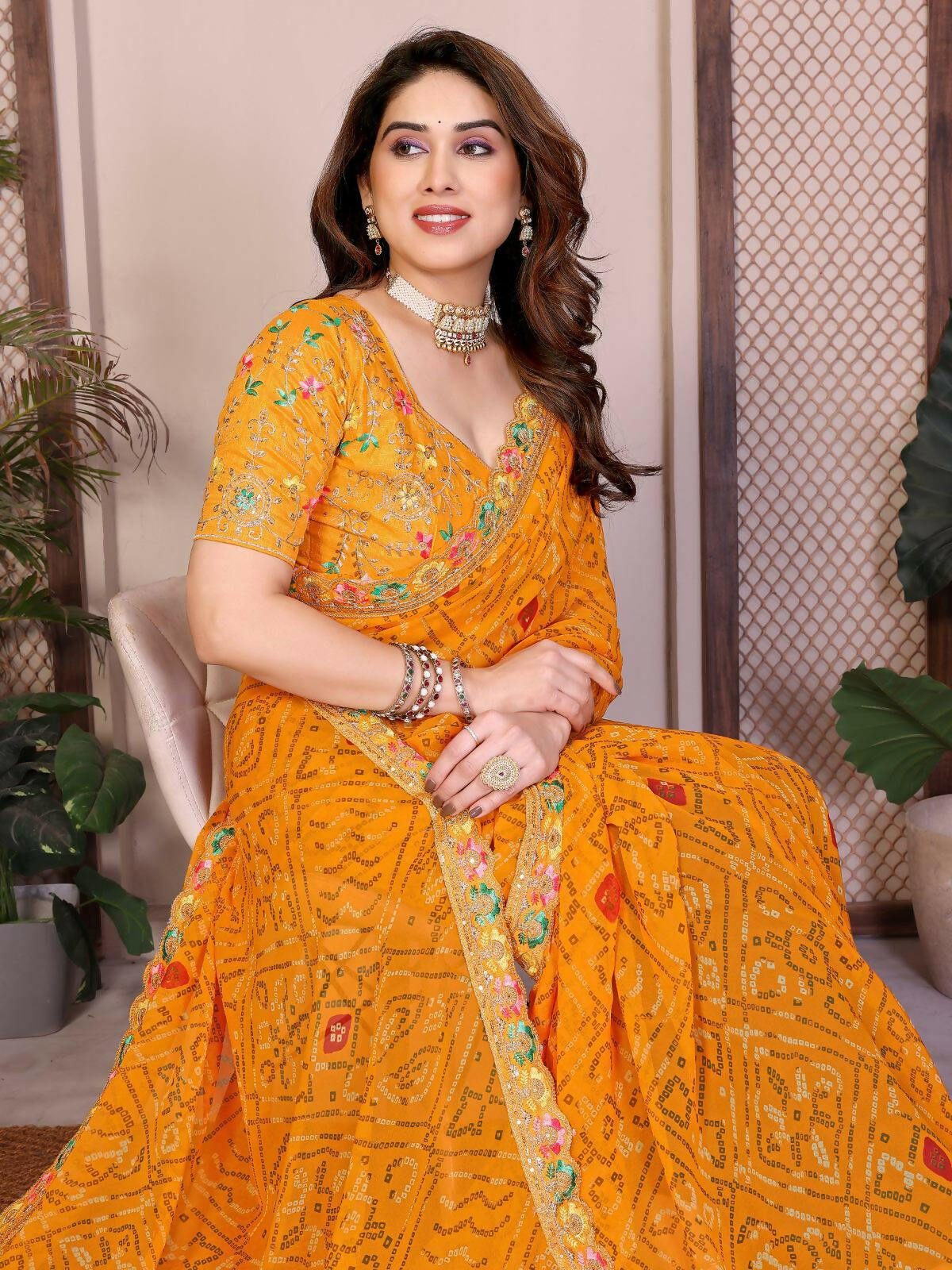Teeya Creation Womens Trendy Simply Bandhej Georgette Saree-Yellow