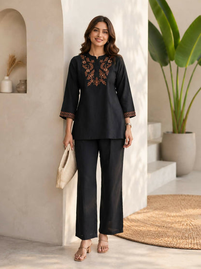 Teeya Creation Classic Black Embroidered Cotton Co-Ord Set For Women