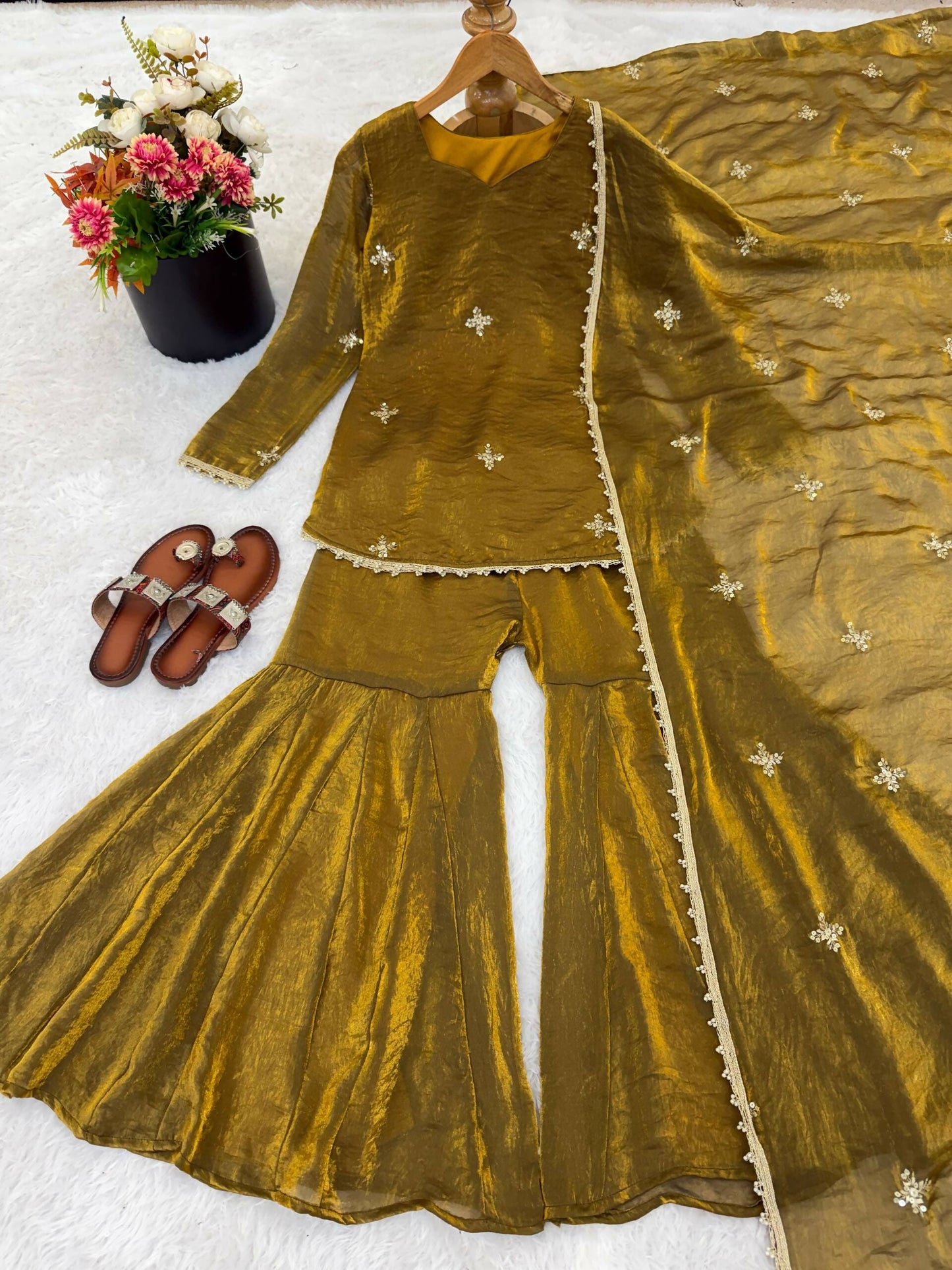 Teeya Creation New Womens Trendy Embroidery Sequence Work Gold Kurta Set
