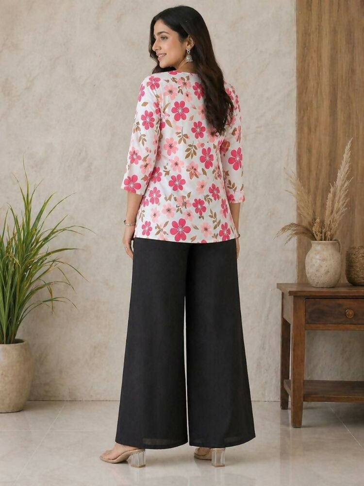 Teeya Creation Women White & Rani Pink Bold Floral Printed Cotton Kurti with Black Wide-Leg Palazzo Set