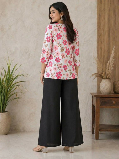 Teeya Creation Women White & Rani Pink Bold Floral Printed Cotton Kurti with Black Wide-Leg Palazzo Set