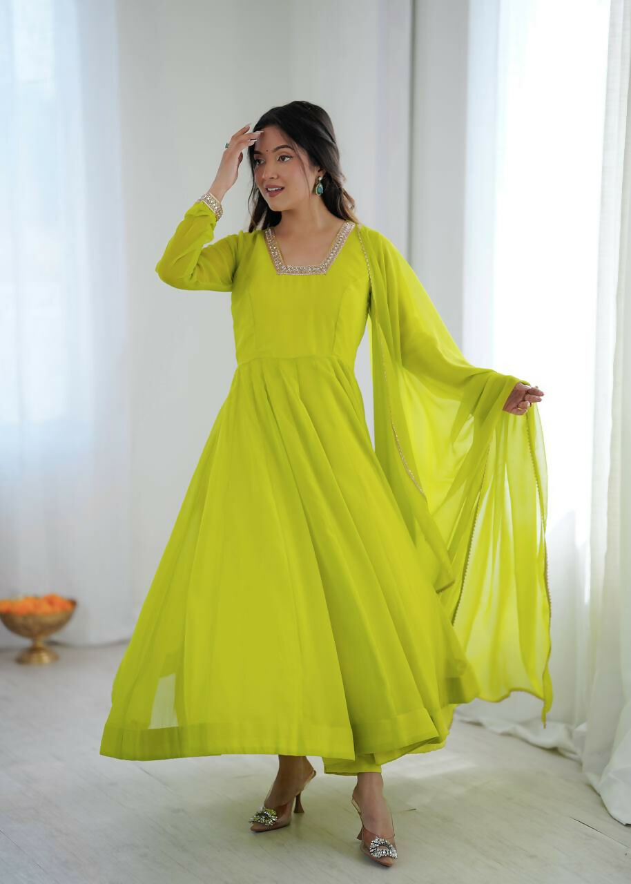 Teeya Creation Women'S Lime Parrot Green Solid Flared Anarkali Kurta With Dupatta Set