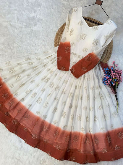 Teeya Creation Rust and White Gradient Anarkali Gown with Gold Floral Motifs
