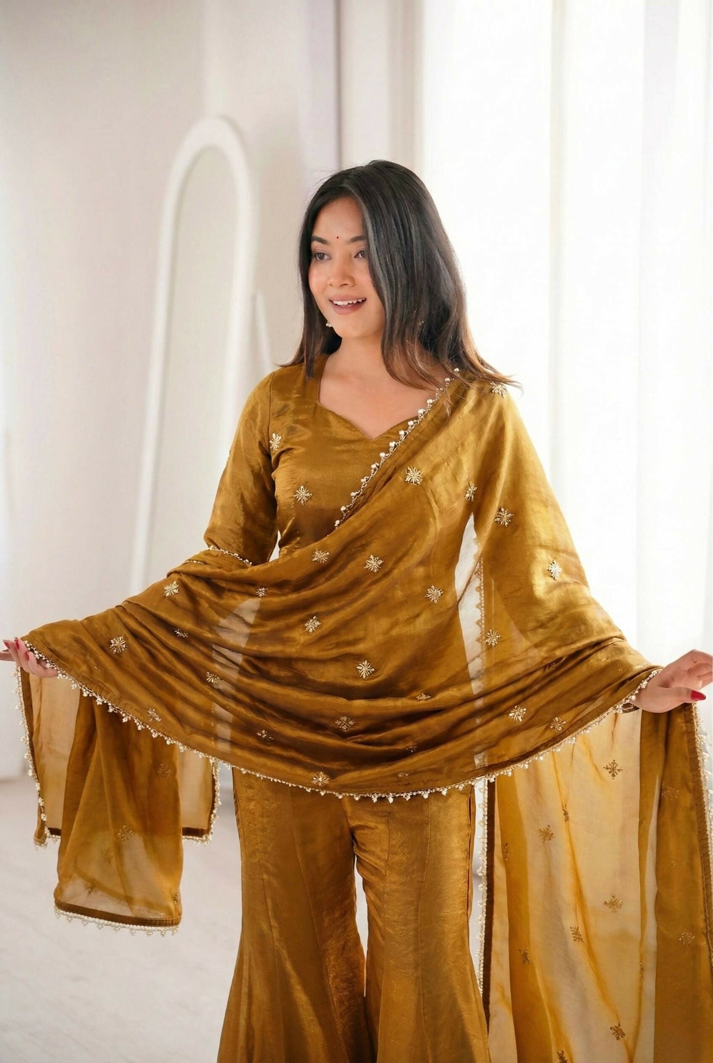 Teeya Creation New Womens Trendy Embroidery Sequence Work Gold Kurta Set