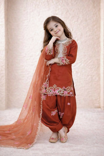 Teeya Creation New Kids Trendy Wedding Wear Traditional Kurta Salwar Set-Orange