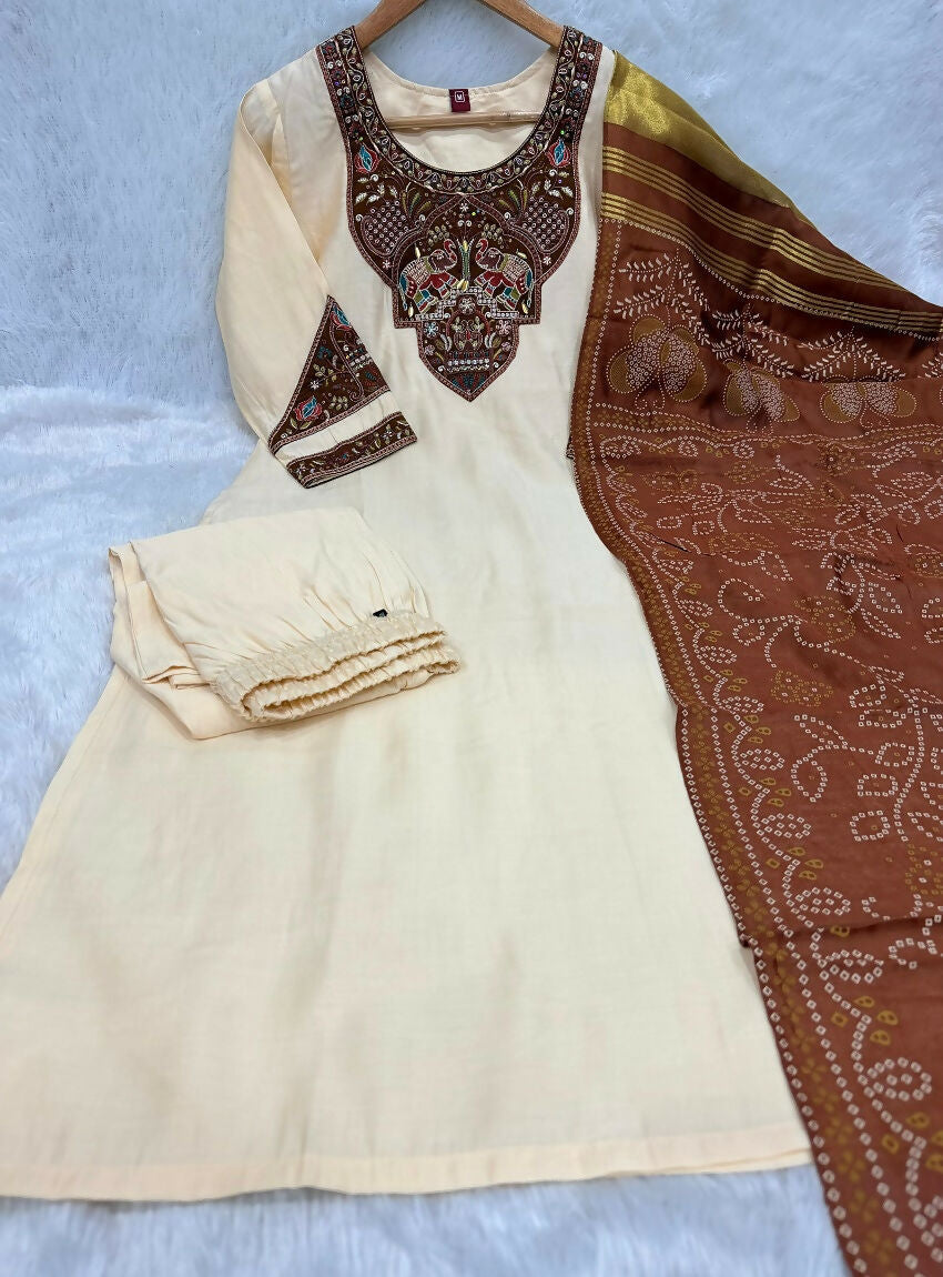 Teeya Creation Women Cream Embroidered Straight Kurta With Rust Bandhani Dupatta And Pant Set