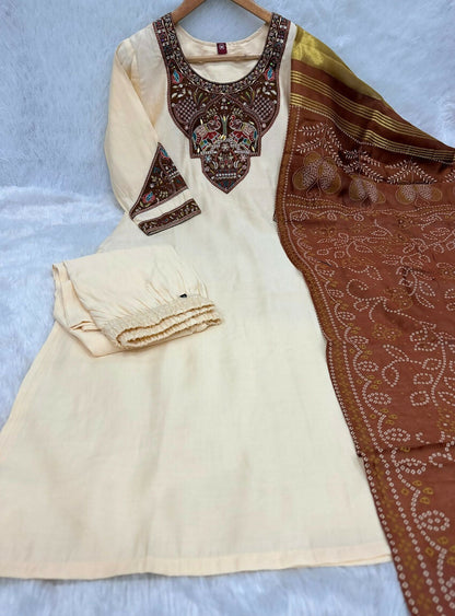 Teeya Creation Women Cream Embroidered Straight Kurta With Rust Bandhani Dupatta And Pant Set
