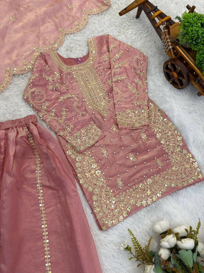 Teeya Creation New Trendy Fully Stitched Ready to Wear Kids Kurta Palazzo Set-Pink