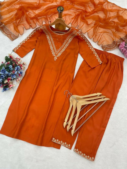 Teeya Creation New Womens Orange Straight Cut Kurta Set with Scalloped Embroidered Organza Dupatta Set