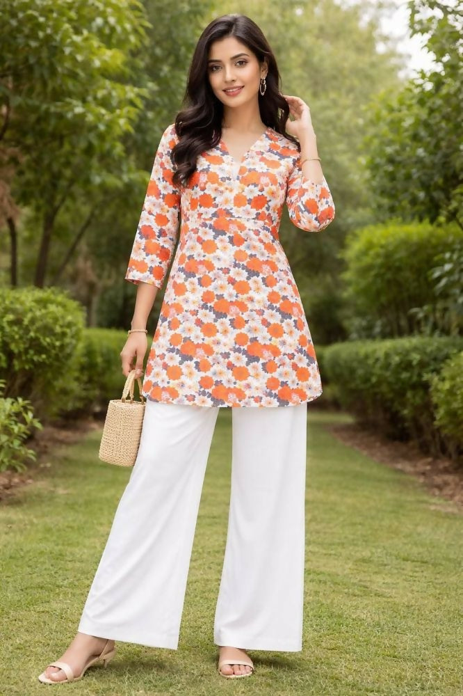 Teeya Creation Womens New Trendy Orange Flower Floral Printed Short Kurti with Beige Palazzo Set