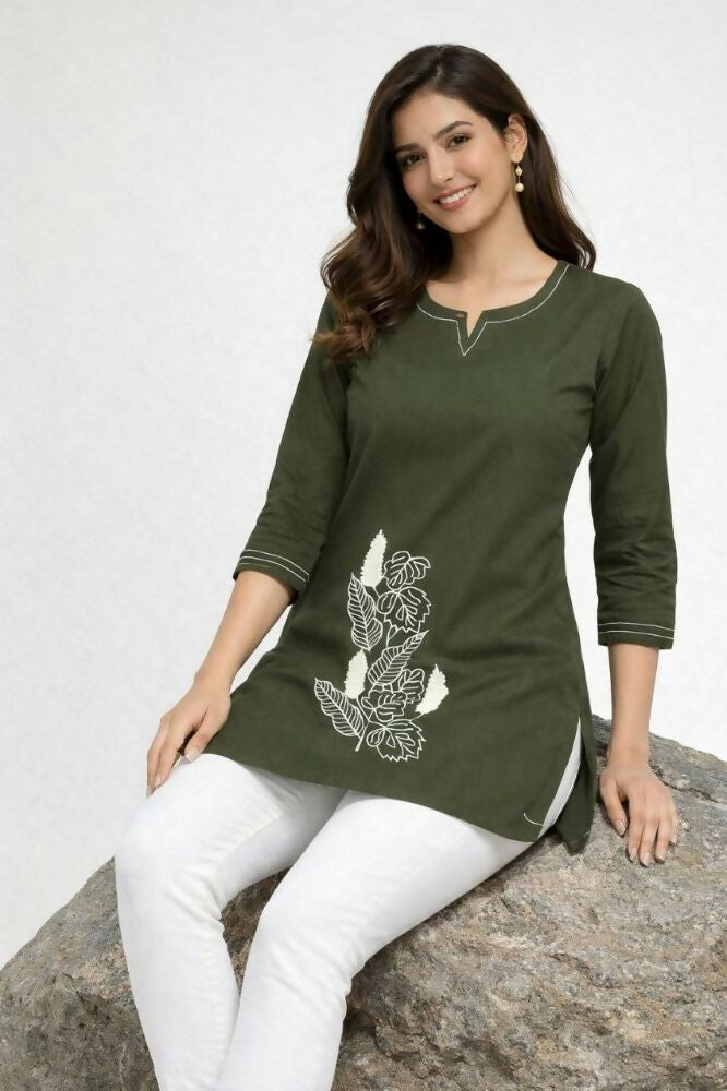 Teeya Creation Womens New Latest Cotton Mehendi Green Floral Embroidered Short Kurti
