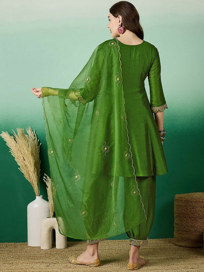 The52 Women's Beautiful Embroidery Work Vichitra Fabric A-line Kurta Pant and Dupatta Set-Green