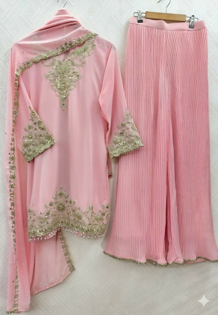 Teeya Creation Womens New Georgette Silk With Heavy Embroiedery With Sequence Work Pink Kurta Set