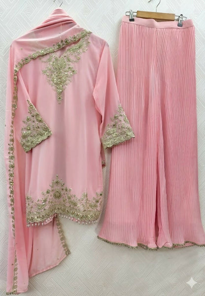Teeya Creation Womens New Georgette Silk With Heavy Embroiedery With Sequence Work Pink Kurta Set
