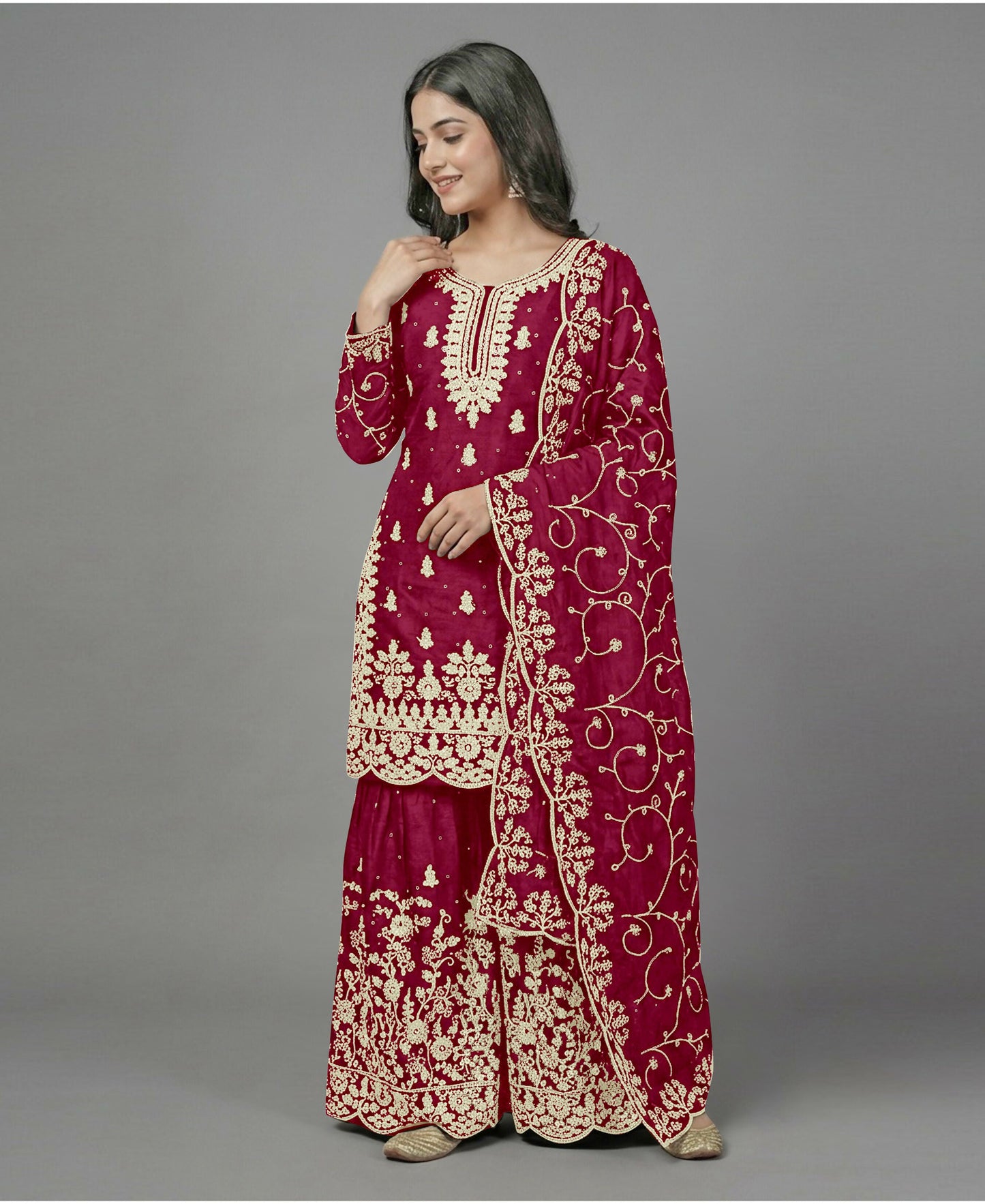 Teeya Creation Womens New Trendy Pure Gmy Silk With Heavy Embroidery Sequence Work Red Kurta Set