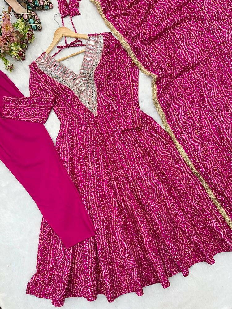 Teeya Creation New Trendy Traditional Pink Bandhani Anarkali Set with Embellished V-Neck