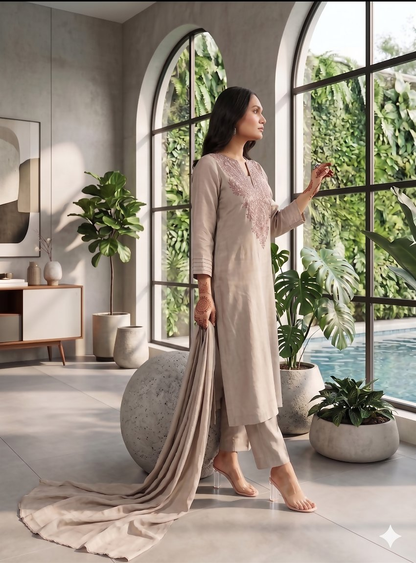 Teeya Creation Trends Grey Embroidered Kurta With Pant And Dupatta Set