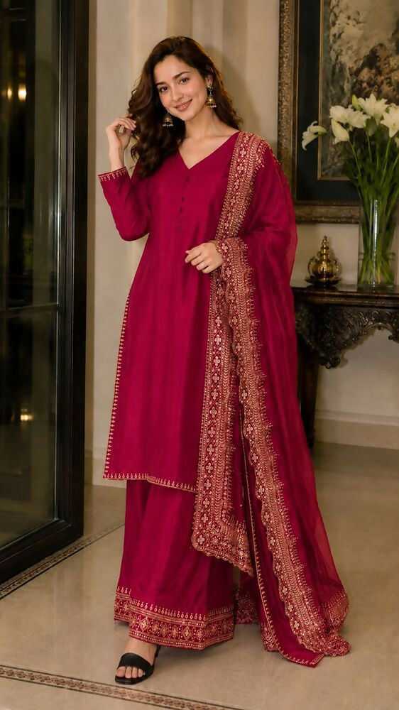 Teeya Creation New Latest Stylish Classic Rani Pink Festive Kurta Set with Gold Zari Border Palazzo and Dupatta