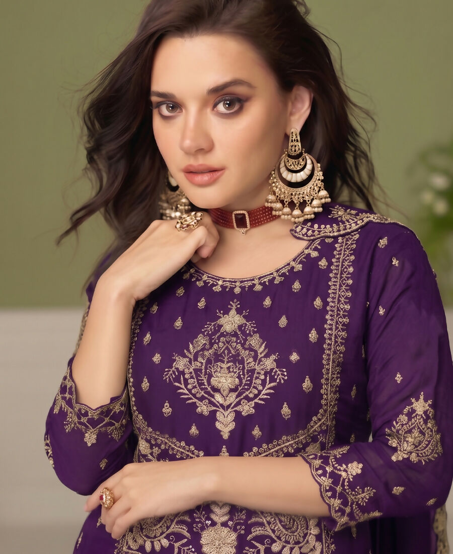 KC Purple Wedding Wear Embroidered Crush Silk Salwar Suit