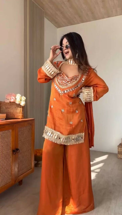 Teeya Creation New Trendy Stylish Real Mirror Work With Lace Border Orange Kurta Set
