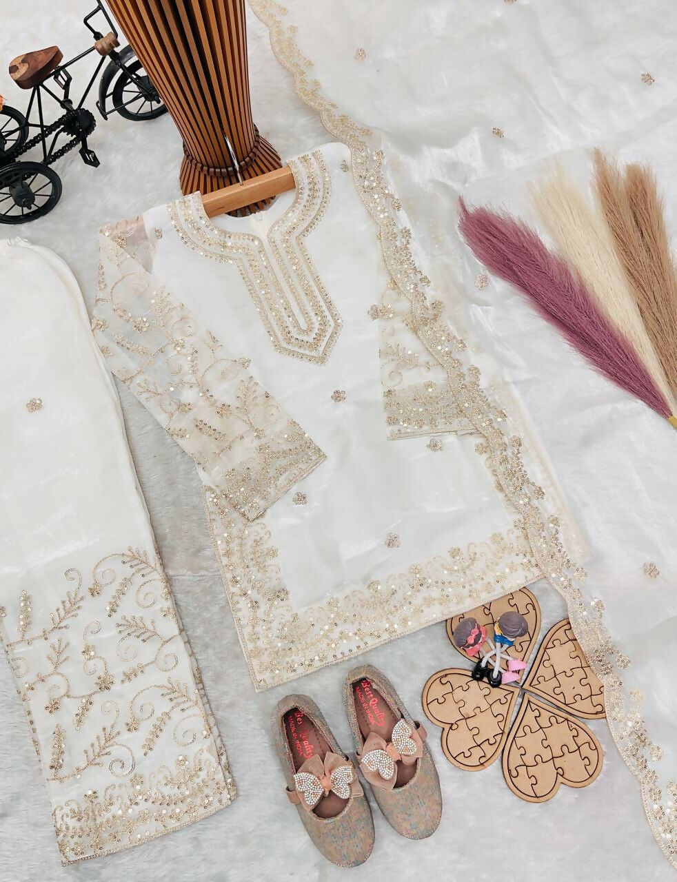 Teeya Creation New Kids Wedding Wear Heavy Embroidery Sequence Work Kurta Sharara Set-White