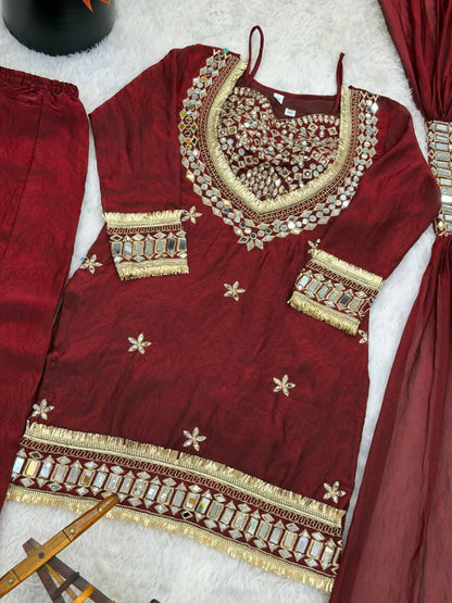 Teeya Creation New Trendy Stylish Real Mirror Work With Lace Border Maroon Kurta Set