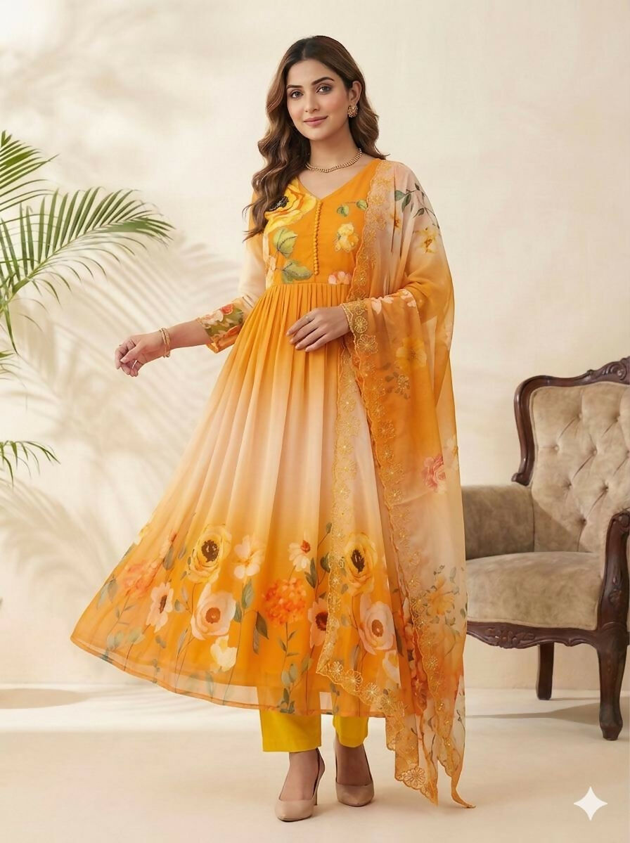 Teeya Creation Womens New Fancy Fox Georgette Heavy Quality Fabric With Handwork Yellow Gown Set